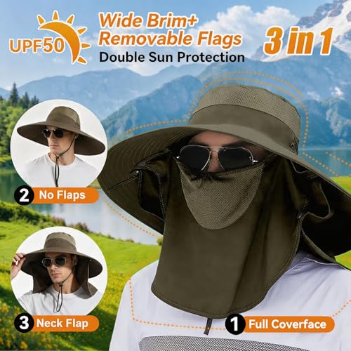 Super Wide Brim Fishing Hat UPF 50+ Sun Safari Hat with Removable Neck Face Flap - color: Army Green