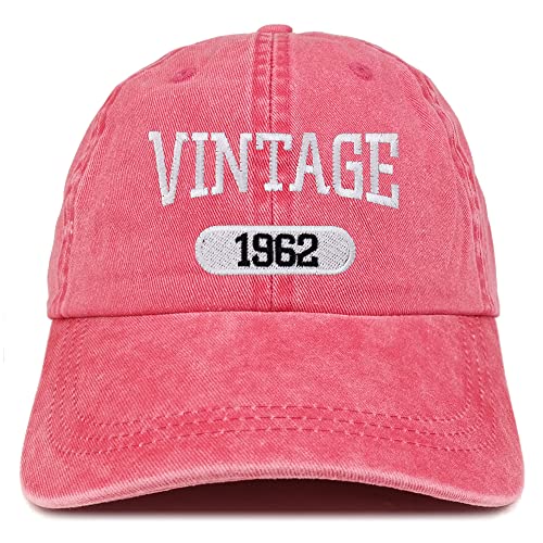 Trendy Apparel Shop Vintage 1962 Embroidered 63rd Birthday Soft Crown Washed Cotton Cap - color: Red