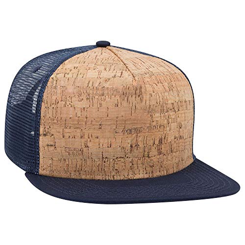 OTTO Cork Flat Visor SNAP 5 Panel Mesh Back Trucker Snapback Hat - color: Nvy/Cork/Nvy