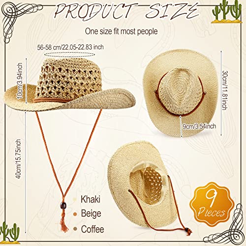 Newcotte 9 Pack Straw Cowboy Hats for Women Men - color: Khaki, Beige, Coffee