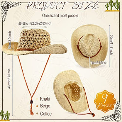 Newcotte 9 Pack Straw Cowboy Hats for Women Men - color: Khaki, Beige, Coffee