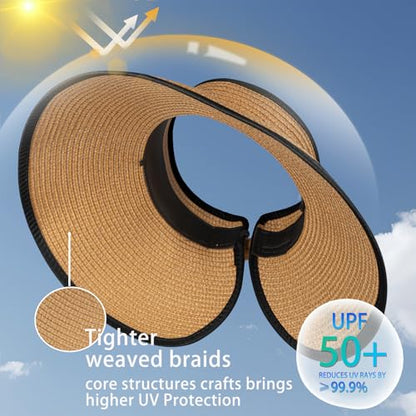 Women's Sun Visor Hats Wide Brim Straw Beach Hat Ponytail Hats for Women Foldable Floppy - color: 1pack-khakiblack