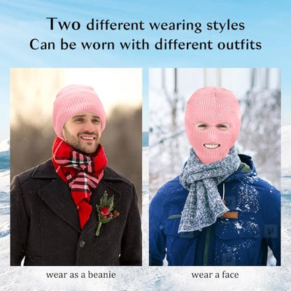 3 Hole Ski Mask, Knitted Balaclava Face Mask, Winter Full Face Mask Cover for Winter Outdoor Sports - color: Light Pink