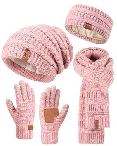 Womens Winter Beanie Hat Scarf Gloves Headband Set, Slouchy Beanie Ear Warmer Knit Scarf Touchscreen Gloves Warm 4 Gift Set - color: Pink
