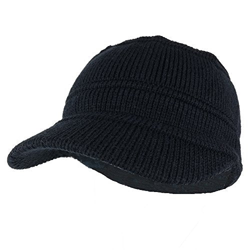 Army Style Acrylic Cadet Winter Beanie Hat with Visor - color: Navy