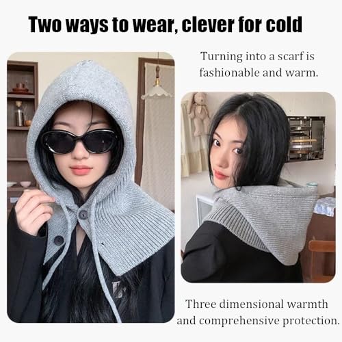 MIUP00 Windproof Warm Hooded Scarf Hat,Balaclava Women Winter Hats,Ladies Autumn and Winter Knitted hat Pullover,Off White - color: Grey