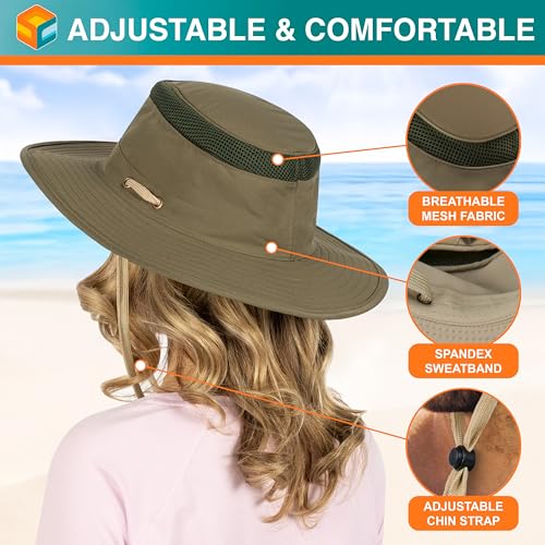 SUN CUBE Wide Brim Sun Hat for Men Women UPF 50+ UV Protection Safari Boonie Hat with Chin Strap, Pocket, Fishing Hiking Hat - color: Olive