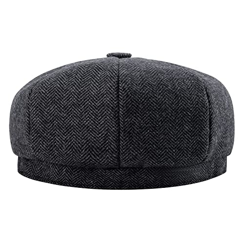 BOTVELA Men's 8 Panel Wool Blend Newsboy Flat Cap - color: Black, size: 7 5/8