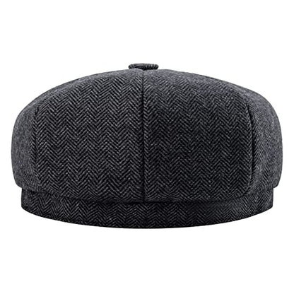 BOTVELA Men's 8 Panel Wool Blend Newsboy Flat Cap - color: Black, size: 7 5/8