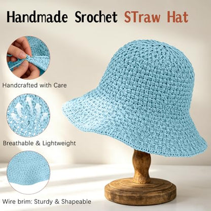 Sun Hat for Women Summer Straw Beach Hats Bucket Hat Floppy Crochet Hat - color: Blue