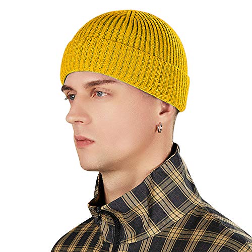 vidsel Wool Knit Cuff Short Fisherman Beanie for Men Women, Winter Warm Hat - color: Yellow