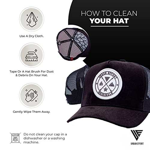 Urban Effort Trucker Hat for Men & Women, Mesh Back Baseball Cap, 5 Panel - color: Black + White Patch, style: Mesh Back