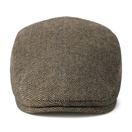 FEINION Men Wool Blend Flat Cap Tweed Newsboy Ivy Hat - color: Herringbone Khaki