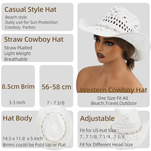 Straw Cowboy Hat for Women and Men with Shapeable Wide Brim Sun Beach Western Cowgirl Hat - color: White-m