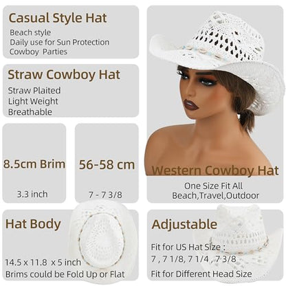 Straw Cowboy Hat for Women and Men with Shapeable Wide Brim Sun Beach Western Cowgirl Hat - color: White-m