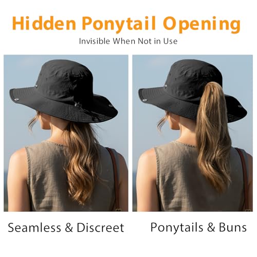 Wide Brim Waterproof Bucket Rain Hat for Women Men UPF50+ Cowboy Sun Hat - color: Ponytail Black