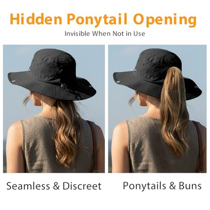 Wide Brim Waterproof Bucket Rain Hat for Women Men UPF50+ Cowboy Sun Hat - color: Ponytail Black