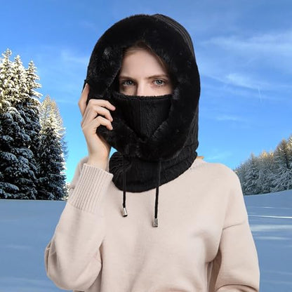 HUAMULAN Women Cable Knit Balaclavas Winter Fleece Lined Beanie Hat - color: Black