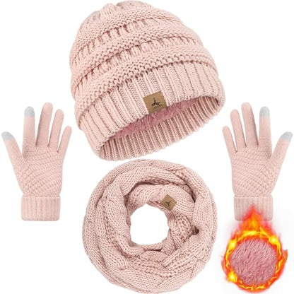 LOROME Winter Beanie Hat Scarf Gloves, Warm Fleece Knit Neck Scarf Set Gift - color: Indi Pink