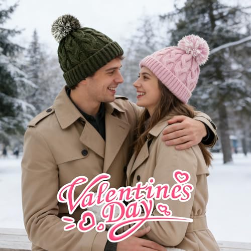 Slouchy Chunky Knit Beanie with Pom Pom - Cozy Winter Bobble Hat for Women and Men - color: Light Pink