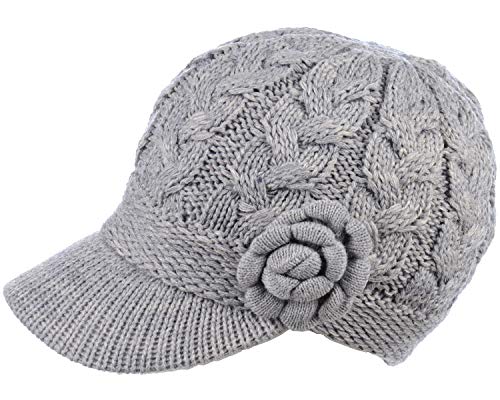 Womens Winter Elegant Cable Flower Knitted Newsboy Cabbie Cap Beret Beanie Hat with Visor, Warm Plush Fleece Lined - color: Light Gray Cable Flower