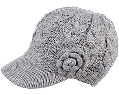 Womens Winter Elegant Cable Flower Knitted Newsboy Cabbie Cap Beret Beanie Hat with Visor, Warm Plush Fleece Lined - color: Light Gray Cable Flower
