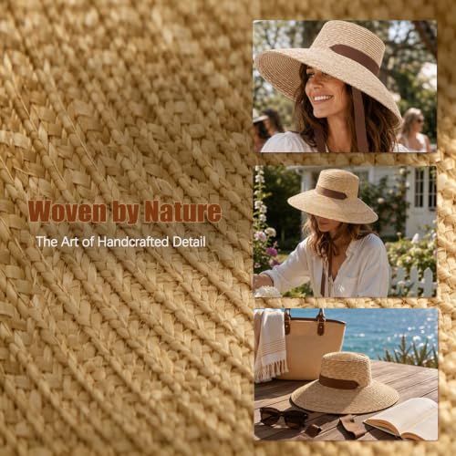 Women Wide Brim Straw Hat with Chin Strap Summer Sun UV Sun Protection Beach Hat Wind Lanyard