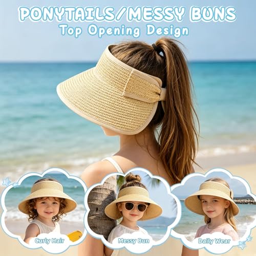 Girls Sun Visor Hat with Ponytail Hole Wide Brim Beach Straw Visor UPF 50+ - color: 1pack-beige