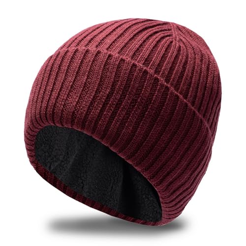 Oversize Wool Kitted Beanie Big Head Men Women Sports Cuffed Cap Dad Winter Warm Fleece Linned Skullies - color: Wine Red