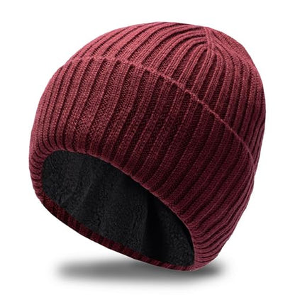 Oversize Wool Kitted Beanie Big Head Men Women Sports Cuffed Cap Dad Winter Warm Fleece Linned Skullies - color: Wine Red