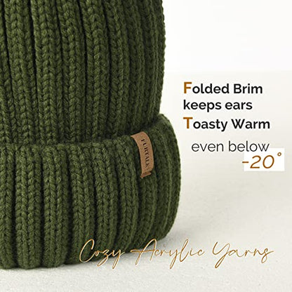 FURTALK Womens Winter Knitted Beanie Hat with Faux Fur Pom Warm Knit Skull Cap Beanie for Women - color: Pine Green