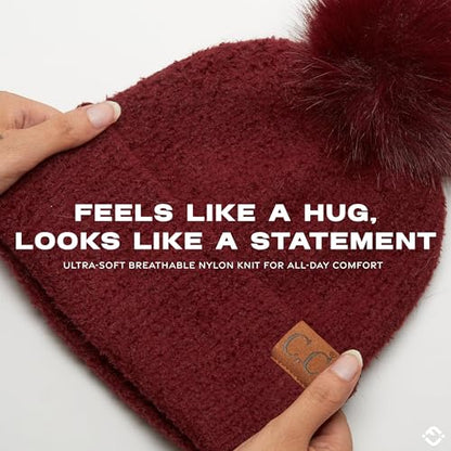 Funky Junque Beanie for Women Ultra Soft Chenille Faux Fur Pom Pom Winter Hats Warm Ski Cap Fashion - color: Terry Chenille - Burgundy