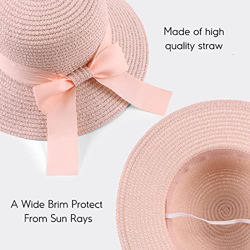 Zsedrut Women,Little Girls Straw Sun Hat Summer Beach Cap Foldable Visor Floppy Hats Wide Brim with Bowknot - color: Pink Bow, size: 2-4T