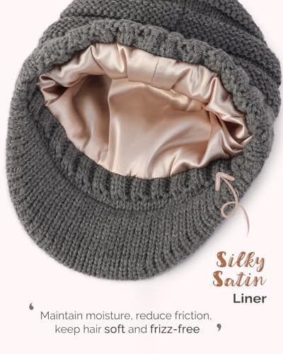 Hat Hut Beanie Hats for Women Men Satin Lined Winter Hats for Women Slouchy Beanies Satin Lined Beanie with Brim Visor - color: Grey Heather