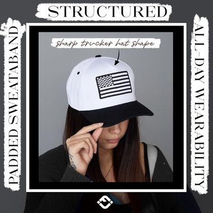 Funky Junque Adult Trucker Snapback Hat 2-Tone Baseball Cap - color: American Flag - White/Black