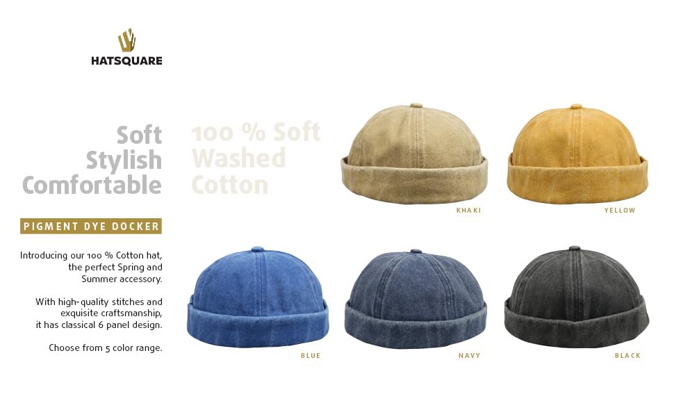Washed Cotton Docker Cap, Unisex Brimless, Rolled Cuffed Men Skull Beanie, Harbour Pigment Dyed Hat