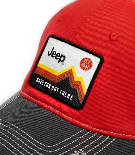 Jeep Have Fun Out There Patch Garment Washed Trucker Hat Unstructured for Men & Women - Adjustable Snapback Baseball Cap - color: Red