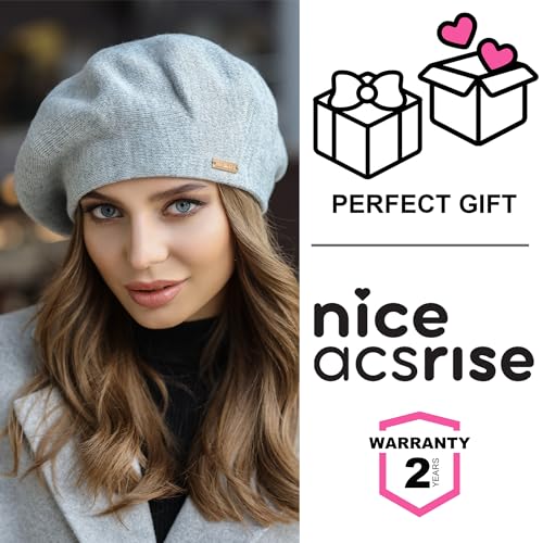 Beret - Warm Lined Wool Angora Knit Berets - French Paris Hat for Women - color: Light Grey