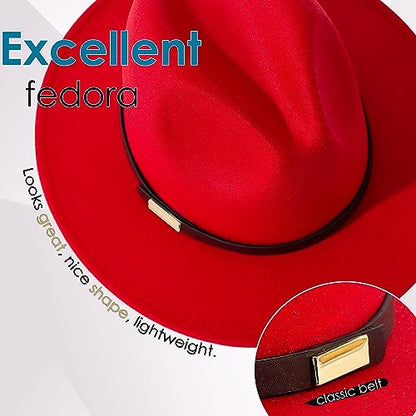 Fedora Hats for Men Wide Brim Panama Hat with Classic Belt - color: Red