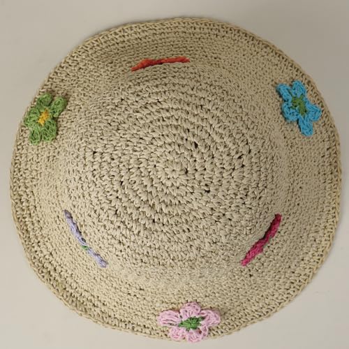 Women Straw Sun Hat Summer Beach Hats Foldable Floppy Cap Wide Brim Bucket Hat Solid Handmade Sun Protection Caps - color: Flora-beige