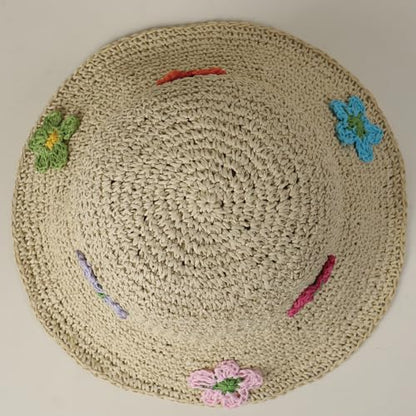 Women Straw Sun Hat Summer Beach Hats Foldable Floppy Cap Wide Brim Bucket Hat Solid Handmade Sun Protection Caps - color: Flora-beige