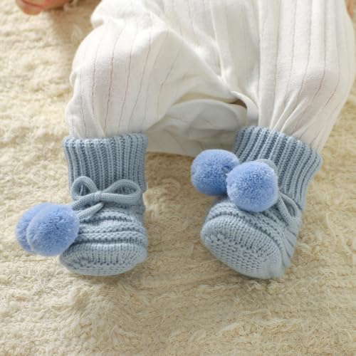 Baby Hats and Booties Set Newborn Knit Pompom Beanie Caps Shoes Winter - color: Blue
