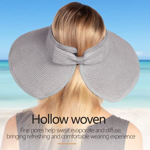 Women Sun Visors Foldable Straw Hats Summer Beach Packable Hat Floppy Wide Brim Cap Deep Style, Adjustable Size - color: Gray Black