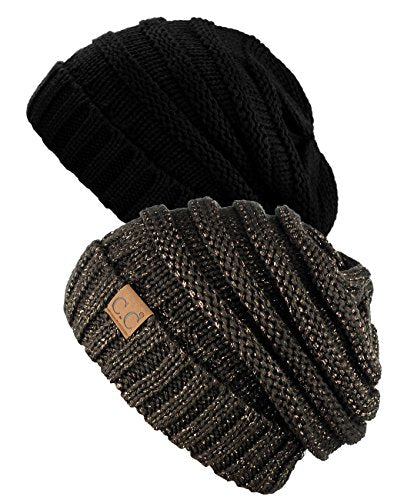 NYFASHION101 Oversized Baggy Slouchy Thick Winter Beanie Hat - color: Black & Brown Metallic