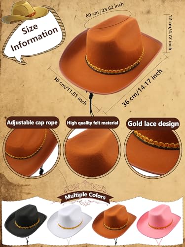 4 Pack Pinch Front Cowboy Hat Novelty Western Cowboy Cowgirl Hat for Adult Halloween Cosplay Dress up - color: Black, Pink, White, Brown