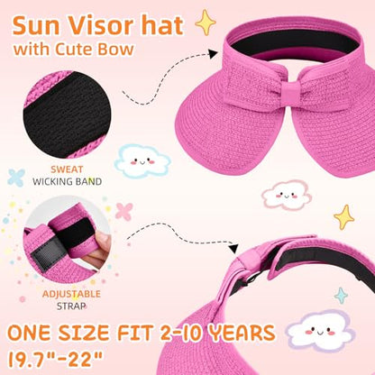 Girls Sun Visor Hat with Ponytail Hole Wide Brim Beach Straw Visor UPF 50+ - color: 1pack-rose