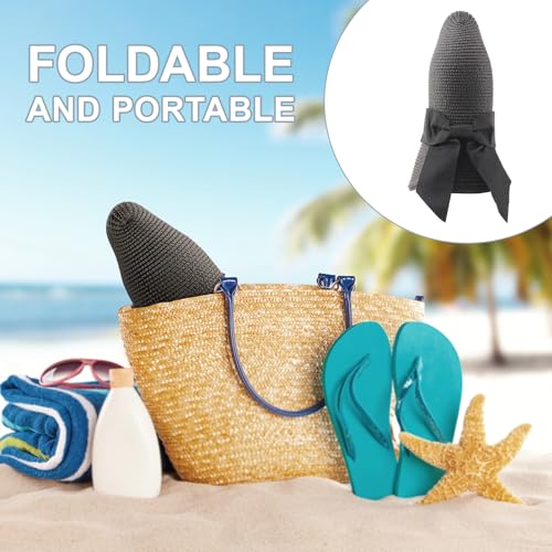 DRESHOW Sun Hats for Women Travel Fedora Foldable Beach Sun Hat Summer Wide Brim Straw Bucket Hat with Bowknot UPF 50+ - color: 1 Pack Bowknot Straw Hat: Black