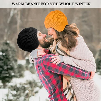 Heniho 2pcs Winter Beanies with Ear Flaps for Men Women, Warm Knit Earflaps Cap Thick Hats - color: E- Black, Yellow