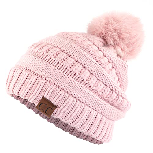 C.C Fur Pom Winter Fall Trendy Chunky Stretchy Cable Knit Beanie Hat - color: Snuggly Soft Rose