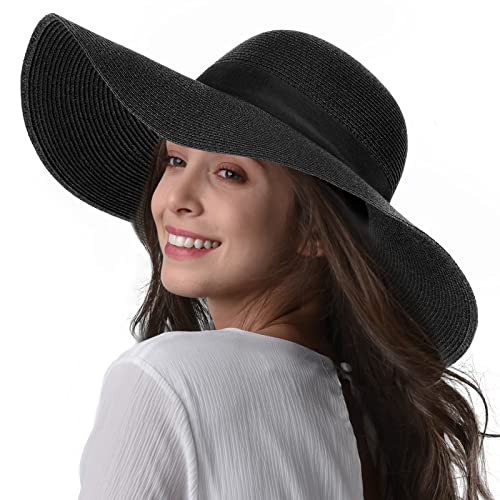 FURTALK Womens Sun Straw Hat Wide Brim Floppy Summer Beach Hats for Women - color: Pure Black, size: Medium-Large